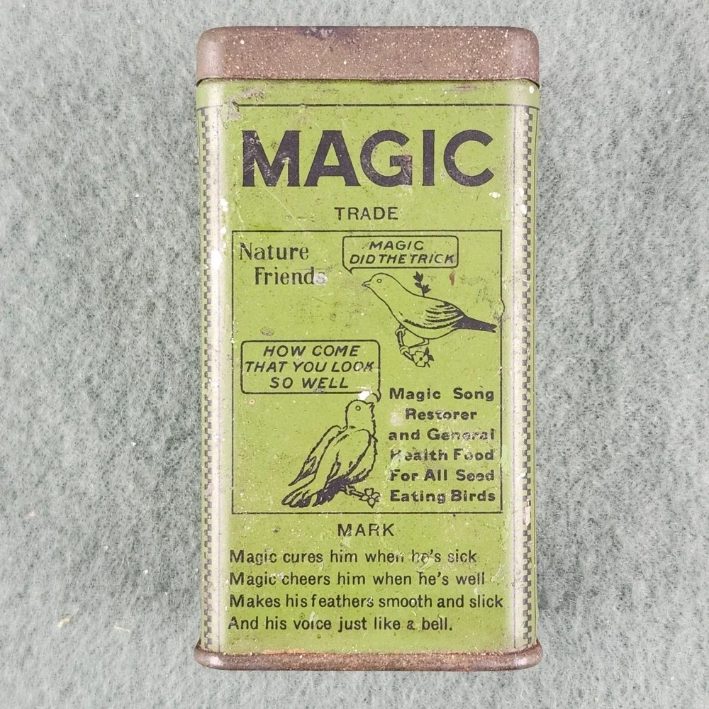 Vintage Bird Feed Tin Can MAGIC Song Restorer Food Seed Song Birds Green Tin